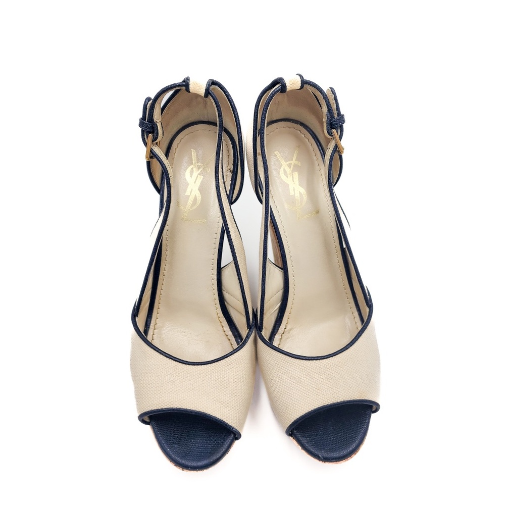 YSL Yves Saint Laurent Canvass Cork Platform Wedge Open Toe Shoes EU 38 - Picture 2 of 8